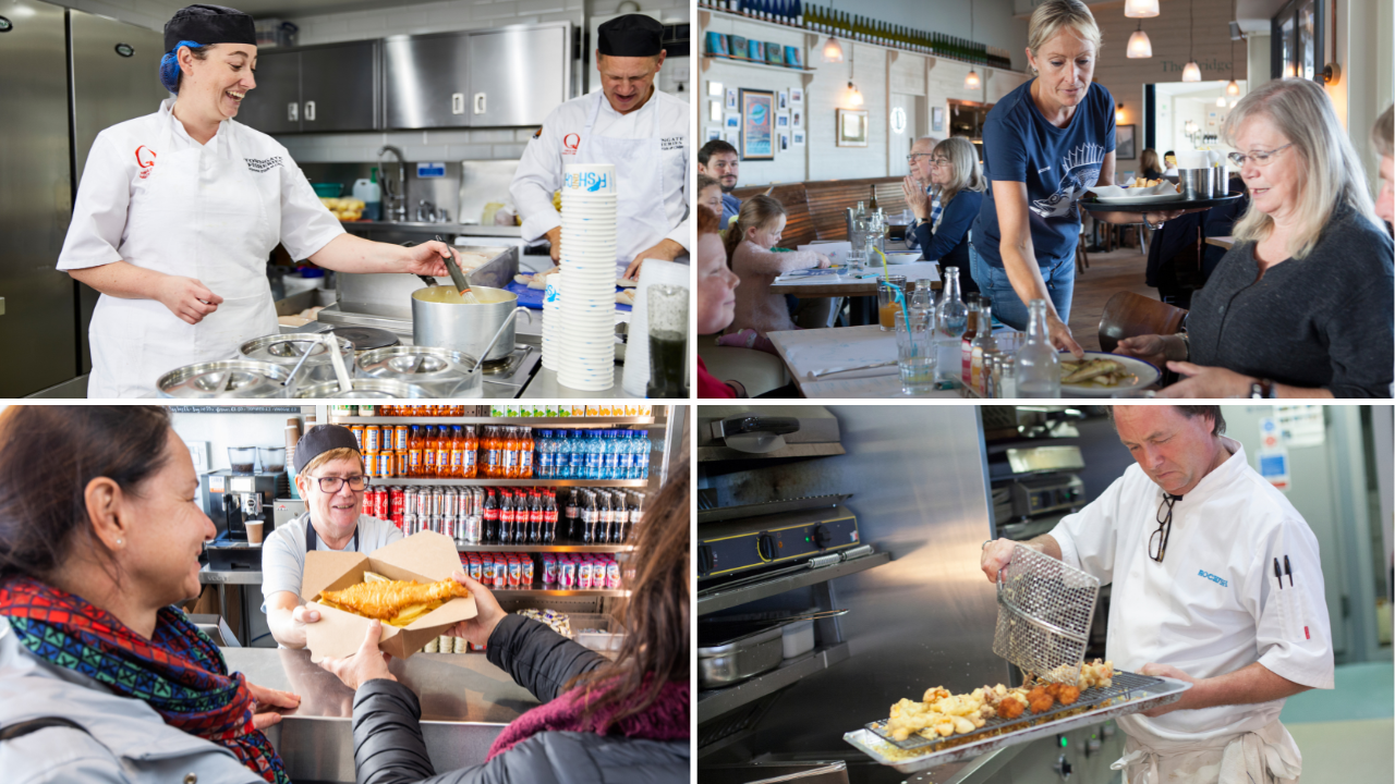 Chefs cooking food in kitchen and servers giving customers a plate of seafood and a portion of fish and chips