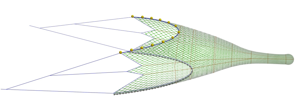 Side view illustration of a three bridle net. The trawl tapers back towards the cod-end.