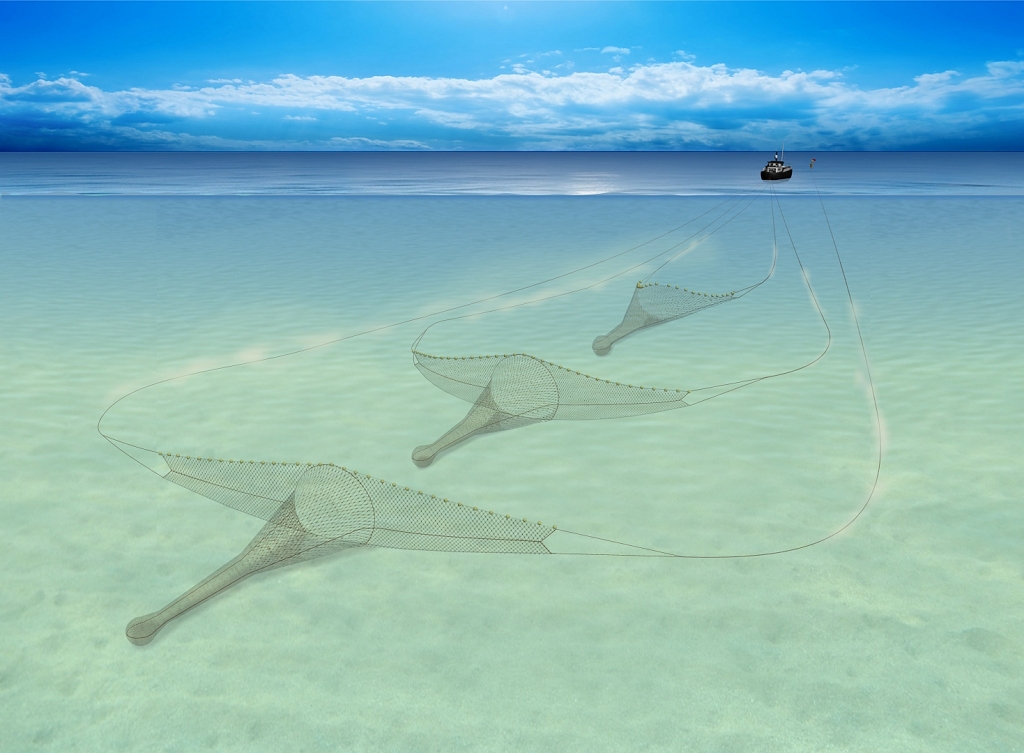 A seine net vessel with its gear deployed in the sea