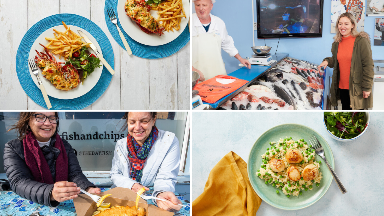 photos of seafood dishes and people buying or eating seafood