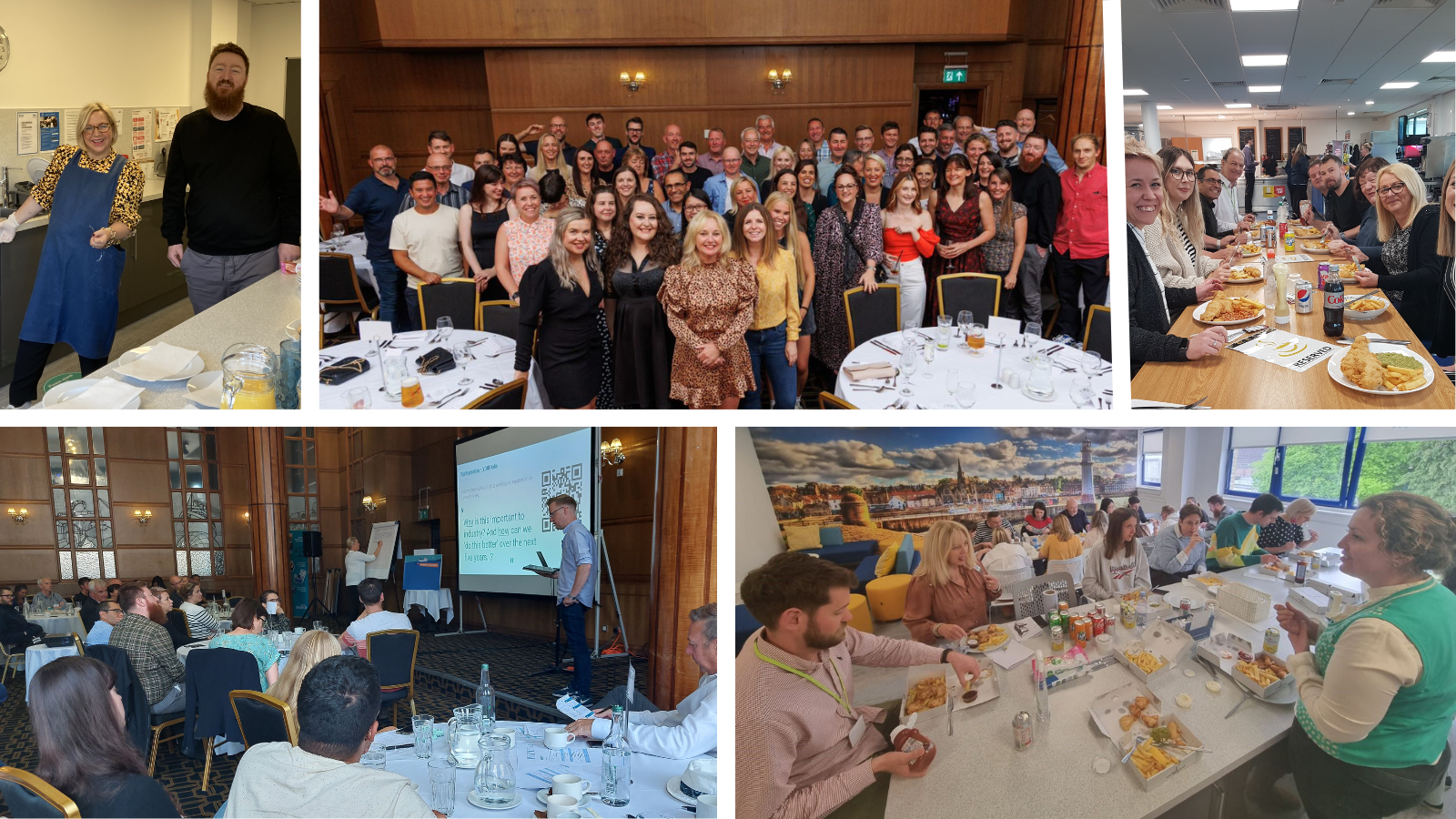 photographs of groups of Seafish colleagues standing beside each other, sitting around tables at conferences and having lunch together