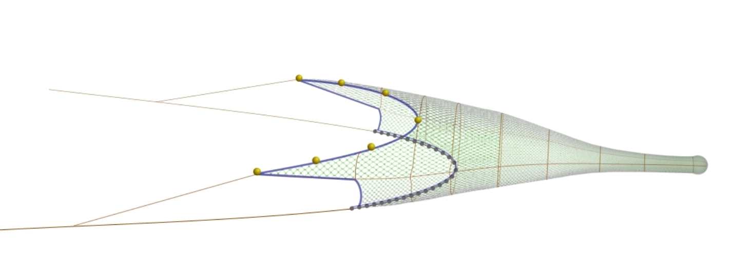 Trawl viewed side on in the towed position with the mouth held open by a pair of bridles