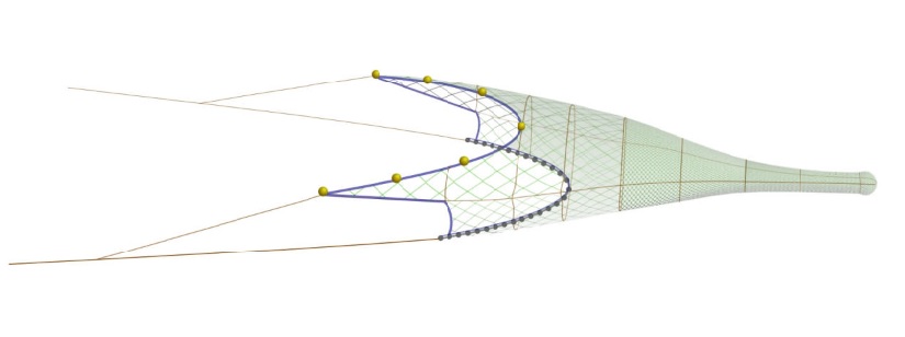 Side view illustration of an eliminator trawl with large open diamond mesh wings