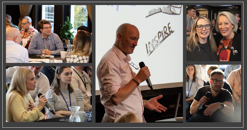 photographs of groups of people together at a conference, sitting together around tables, presenting and asking questions into a microphone