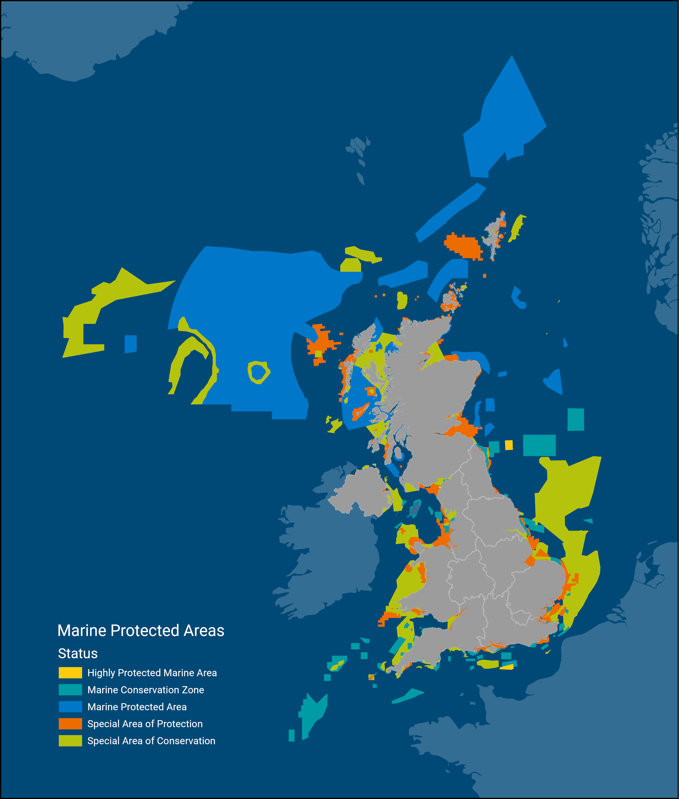 A map of the United Kingdom highlighting Marine Protected areas.