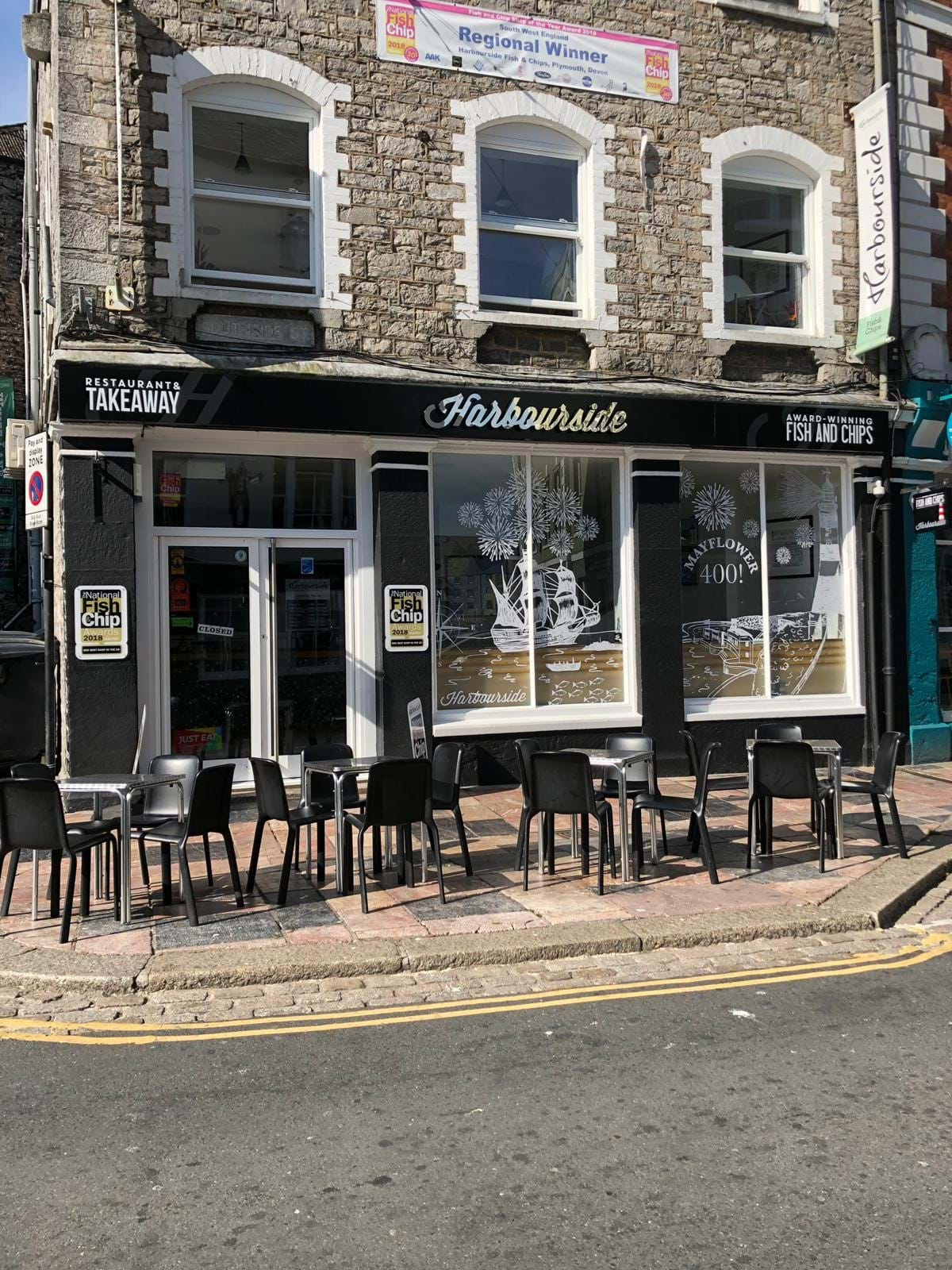 Front view of the Harbourside fish and chip shop