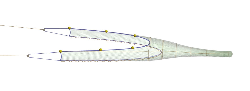 Trawl showing a low headline with six floats attached on top of net