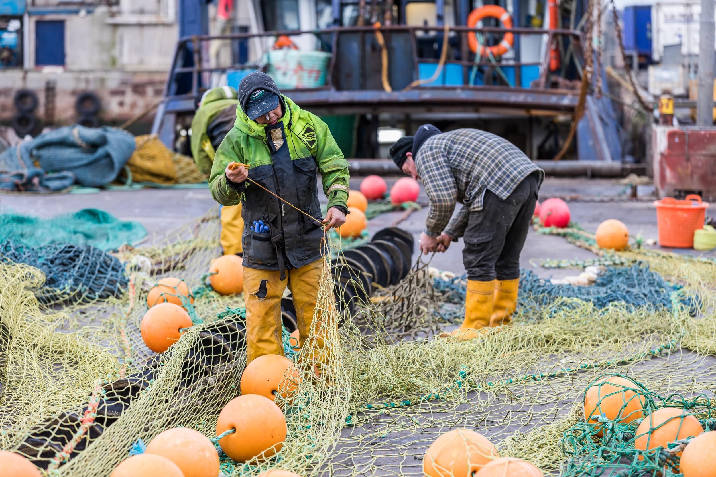 Fishermen sorting nets