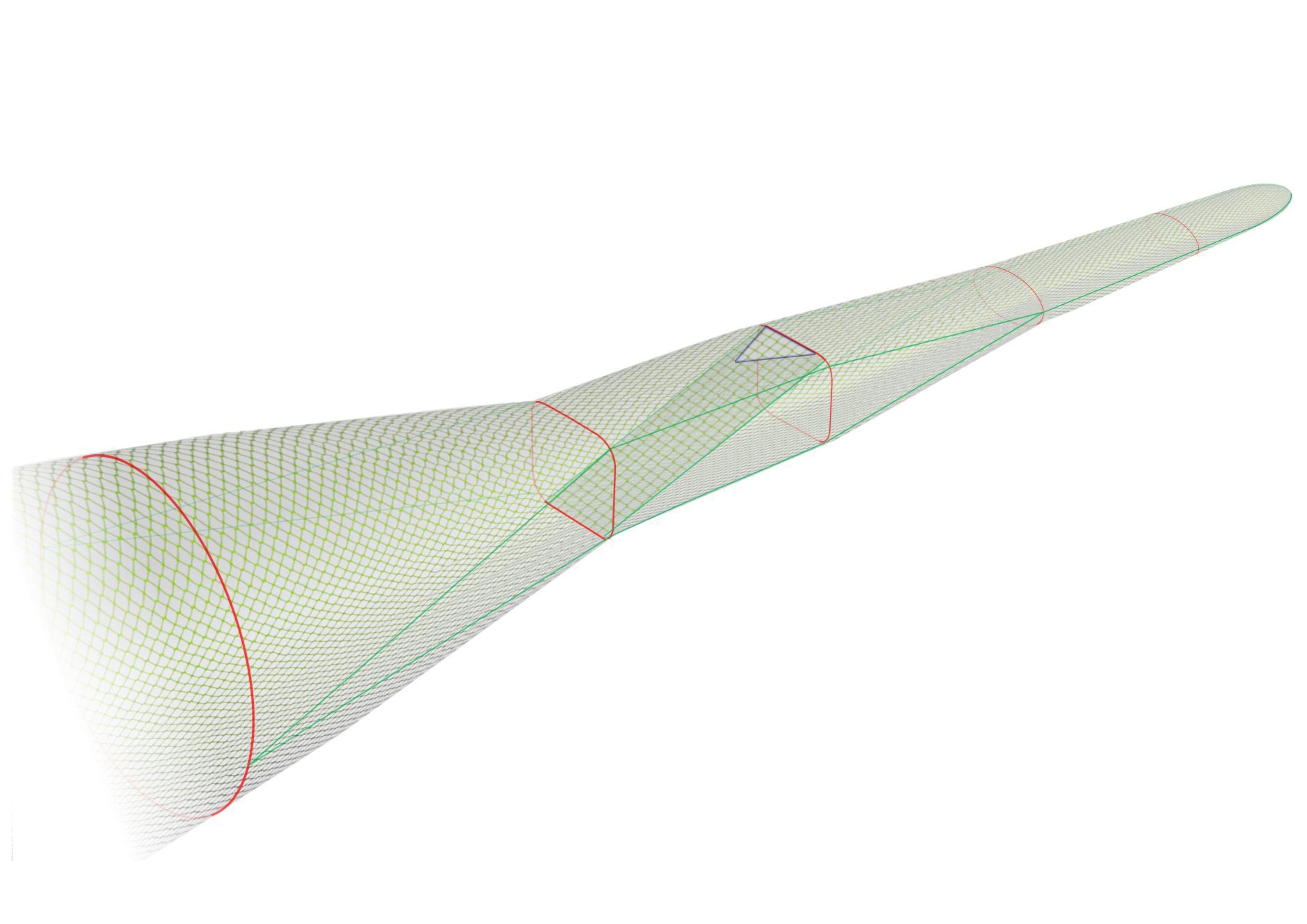 Side view illustration of a Cefas net grid showing the lower end of the bag and cod-end of a trawl