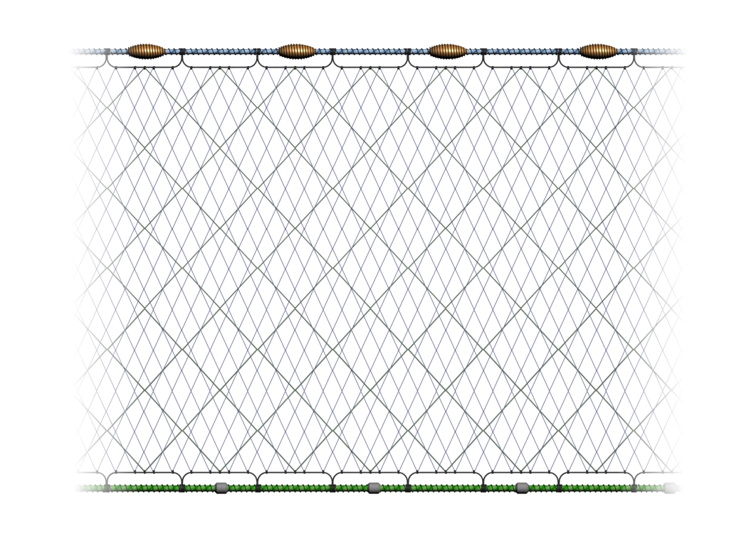 Cross section of trammel net in an upright position as it would be whilst fishing