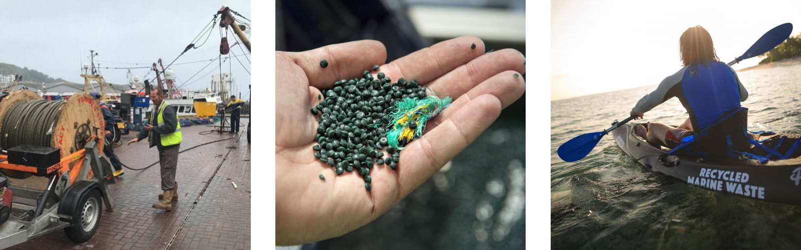 Three photos of gear recycling case studies showing wire collection on pier, plastic pellets in hand and person on kayak made from recycled plastic