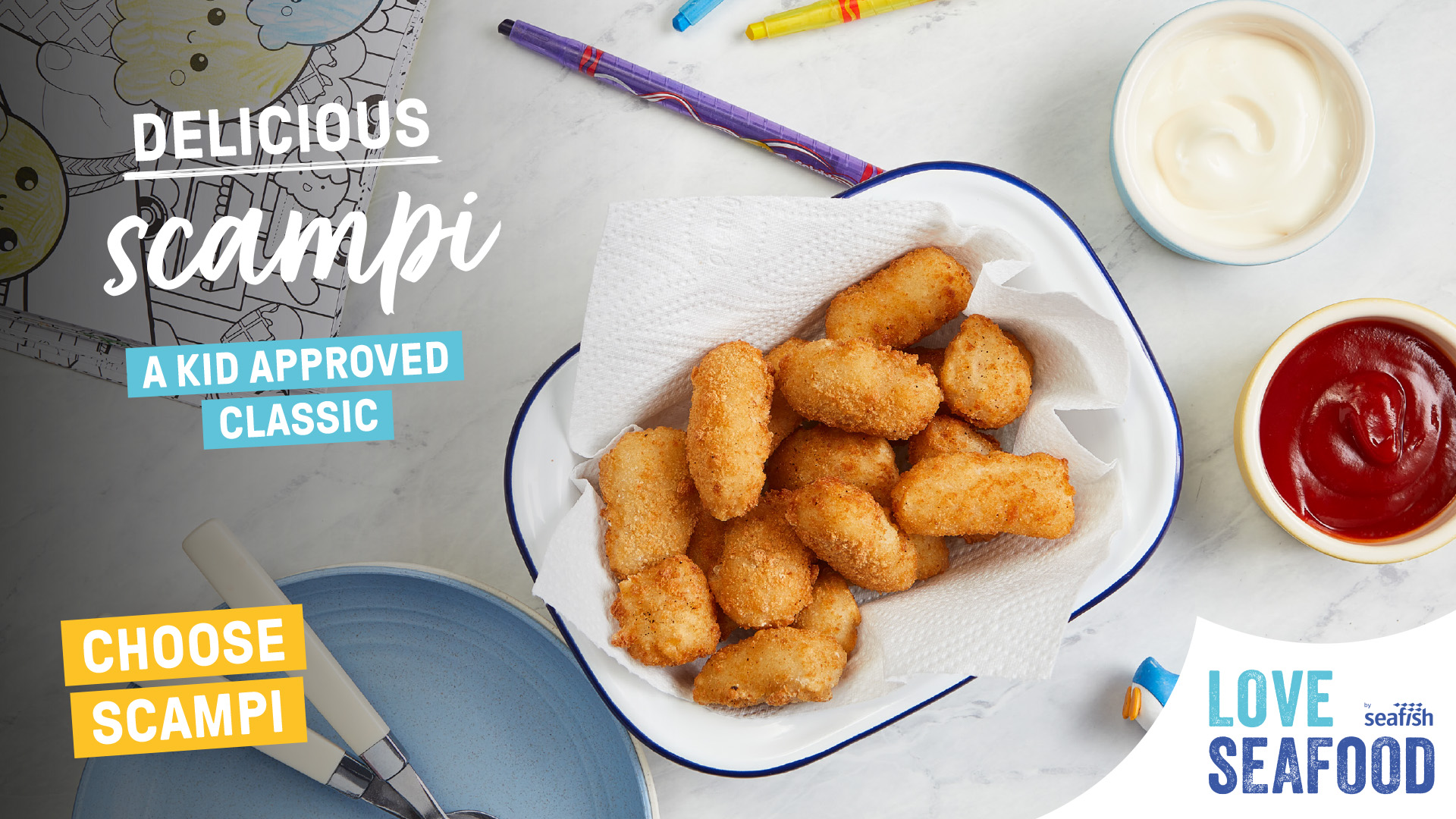 Love Seafood scampi campaign graphic, features plate of scampi with text 'Delicious scampi a kit approved classic'